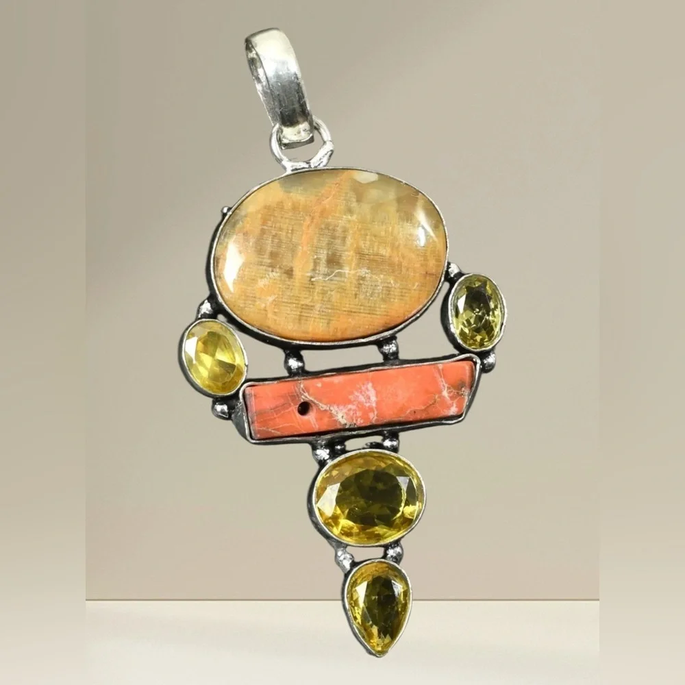 Artisan Handcrafted Jewelry YELLOW LACE AGATE And CITRINE Multi-Stone Pendant - Picture 3 of 15